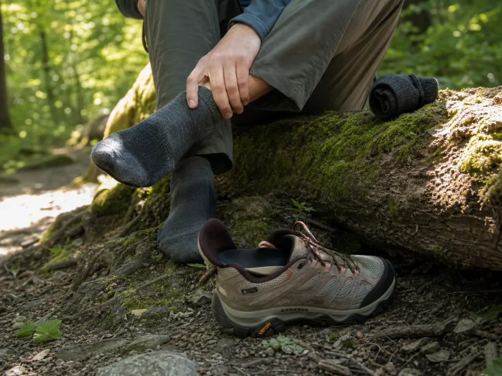 Hiker at a trailside break with shoe off and damp sock, checking for a hot spot on a warm day