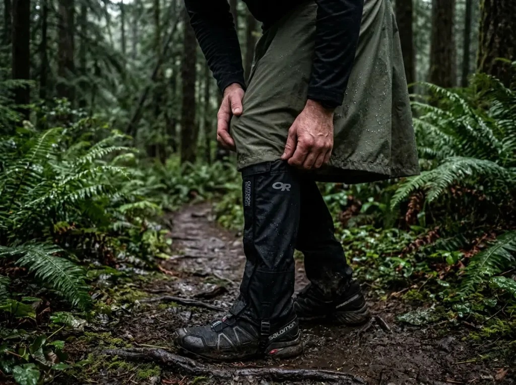 Calf-high gaiters worn under a rain kilt hem, closing the lower-leg gap on a wet trail