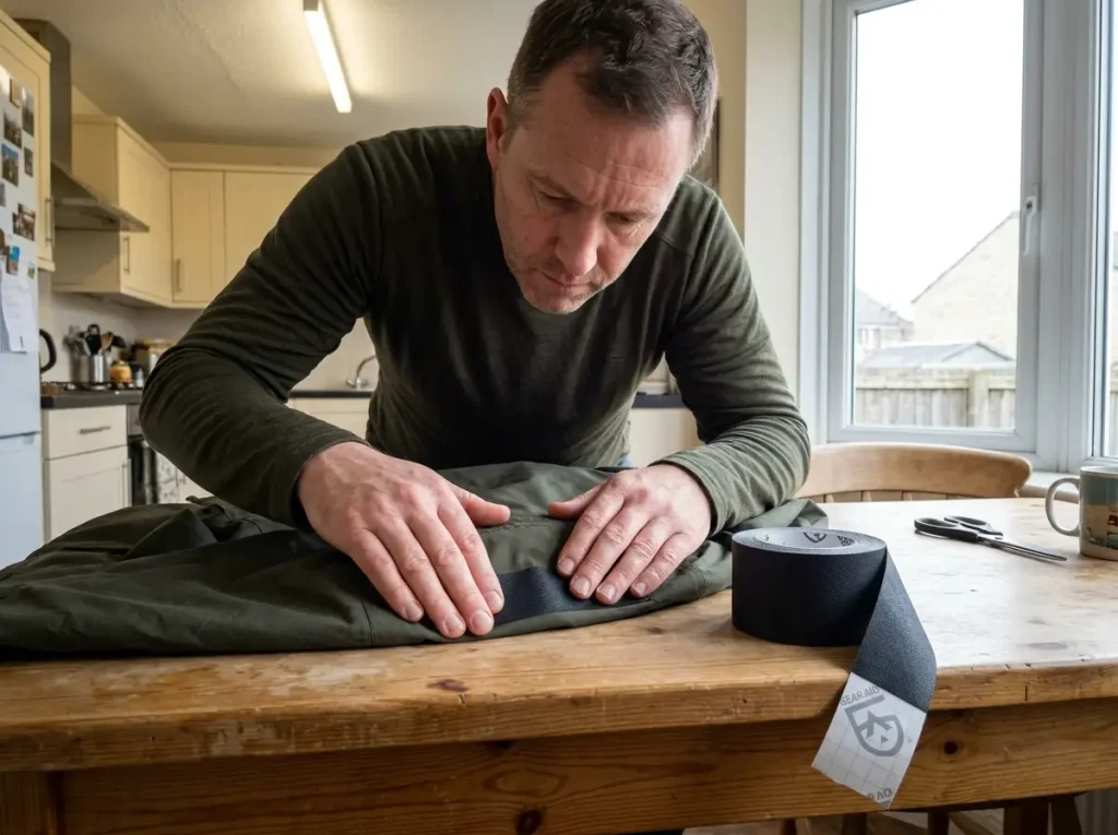 Applying Tenacious Tape inside a rain jacket shoulder as preventive repair