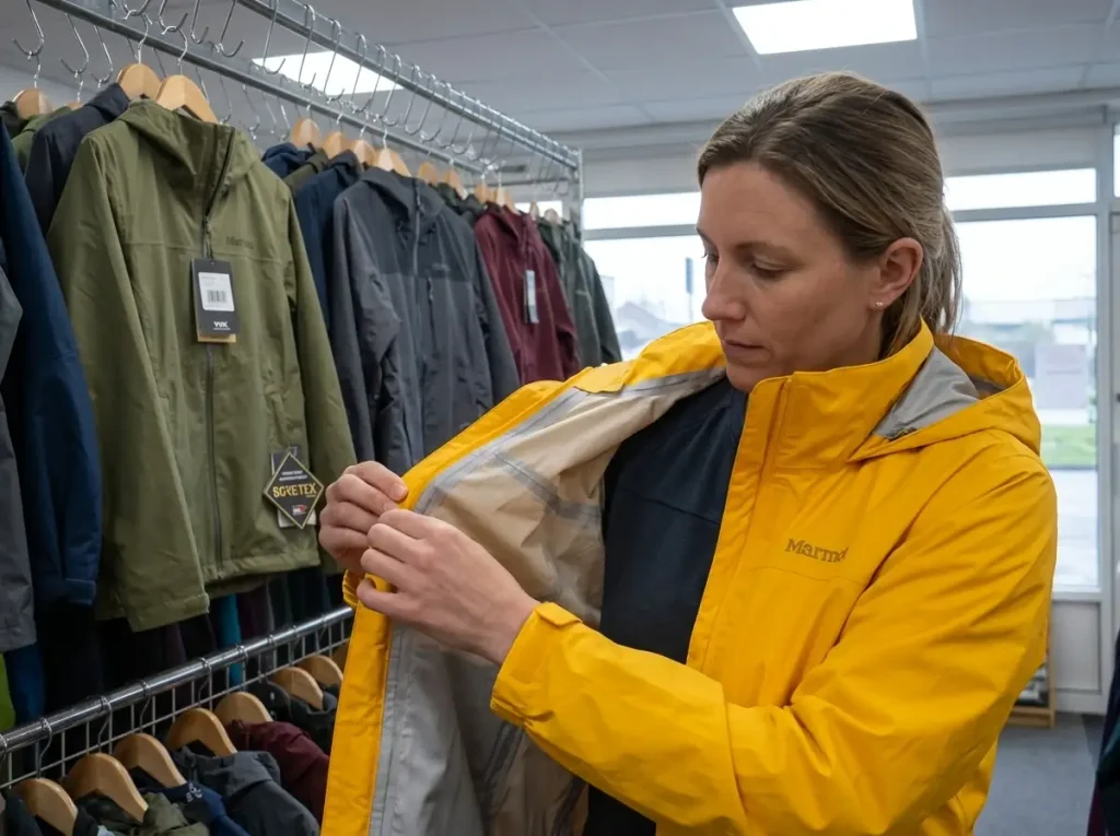 Shopper checking the shoulder construction of a new hiking rain jacket