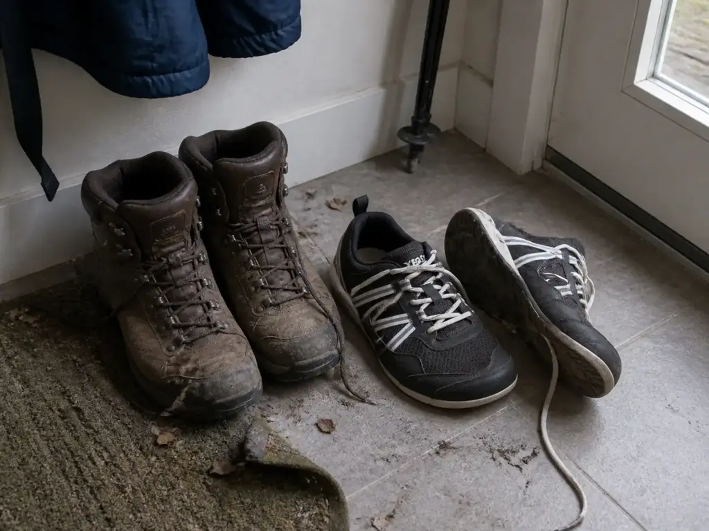 Minimalist trail shoes and old hiking boots stored side by side by a door