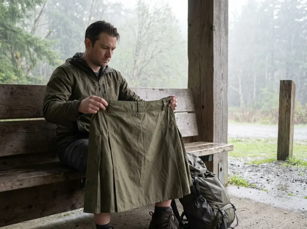 Hiker holding a folded rain kilt under a trailhead shelter, deciding whether to wear it
