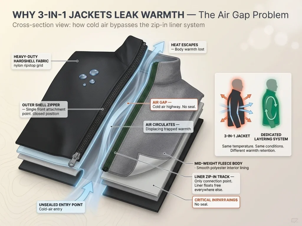 Infographic showing 3-in-1 jacket cross-section with labeled air gap, single attachment point, and cold air pathway