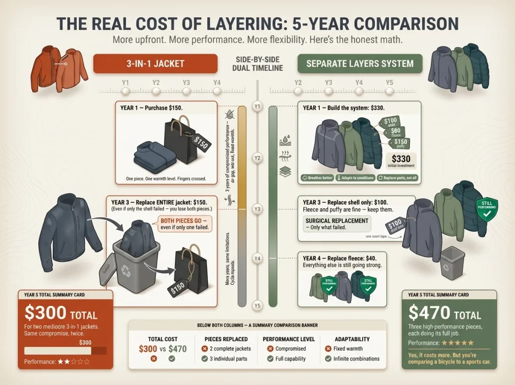 Infographic showing 5-year cost timeline comparing 3-in-1 jacket lifecycle vs separate layers with total cost and performance callouts