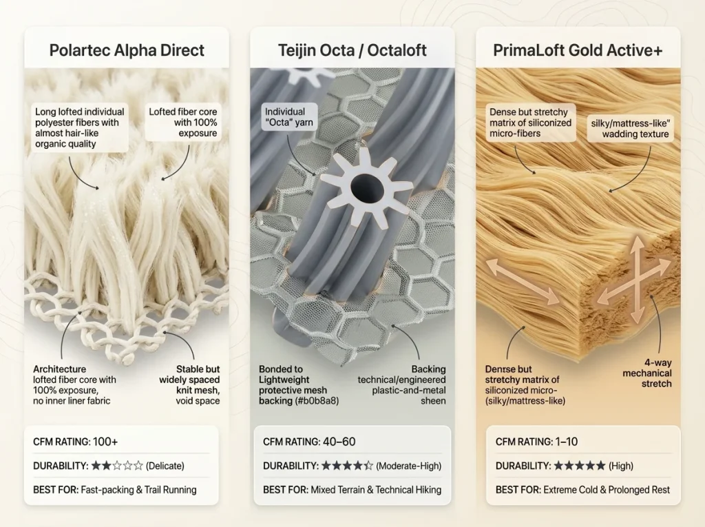 Infographic comparing anatomy of Alpha Direct, Teijin Octa, and PrimaLoft Gold Active fibers with performance ratings