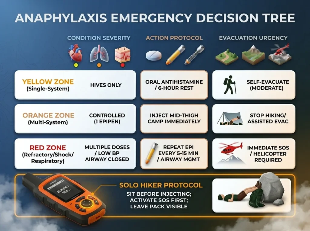 3-column decision matrix for anaphylaxis severity, action protocol, and evacuation urgency for solo and group hikers.