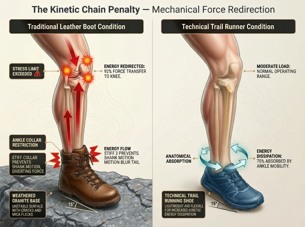 Infographic comparing energy flow in ankle inversion between boots and trail runners showing knee stress redirected forces