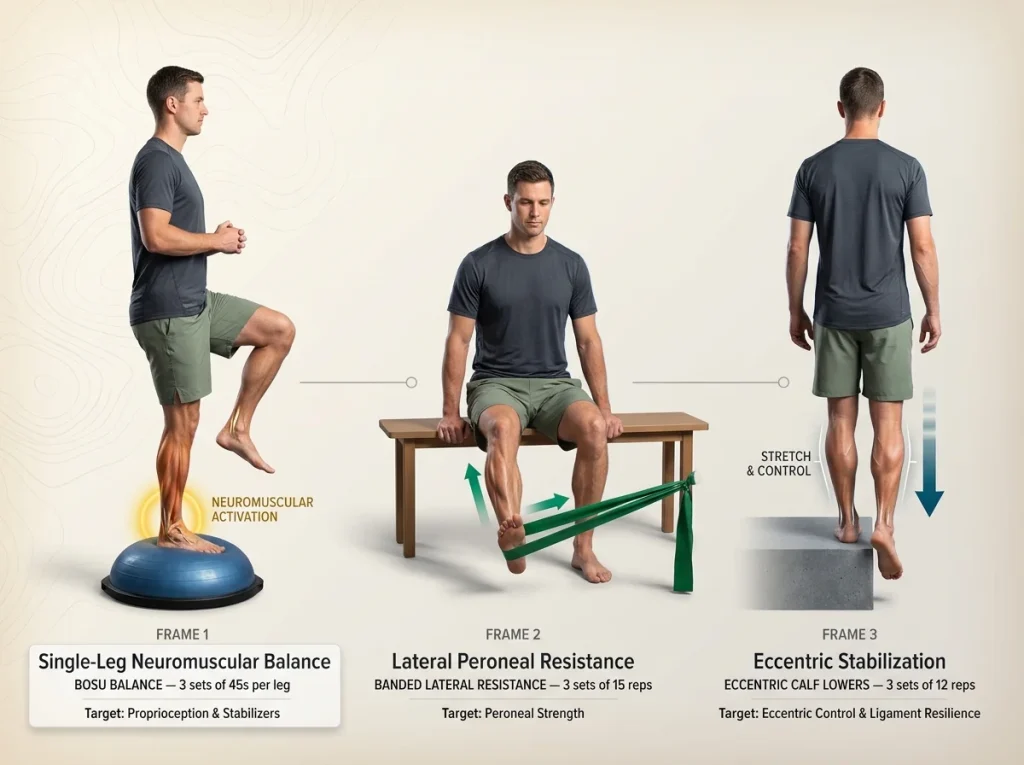 Infographic showing 3-exercise protocol for ankle stability including Bosu balance, banded resistance, and calf lowers