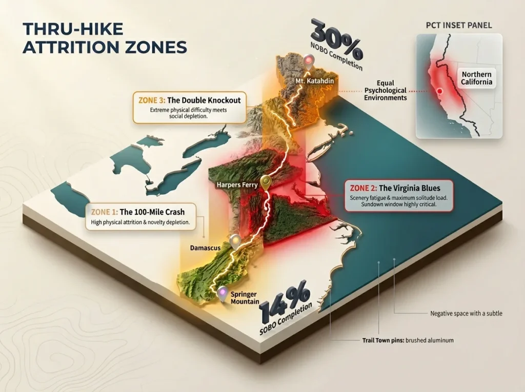 Infographic showing Appalachian Trail attrition zones with labeled trail towns, survival statistics, and PCT comparison inset