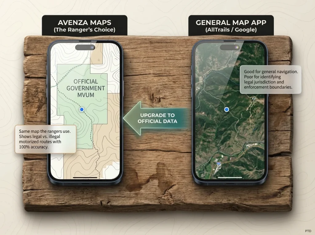Infographic comparing Avenza Maps with an official MVUM PDF vs a general map app for accurate trail reporting