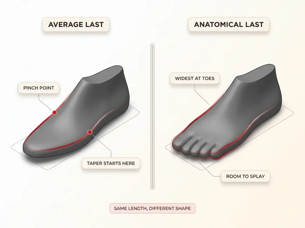 Diagram comparing average vs anatomical shoe lasts showing toe taper and pinch point for wide feet