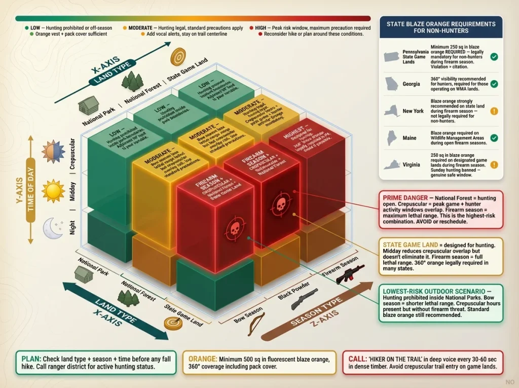 Infographic showing 3-variable backcountry safety matrix by land type time of day and hunting season with risk levels