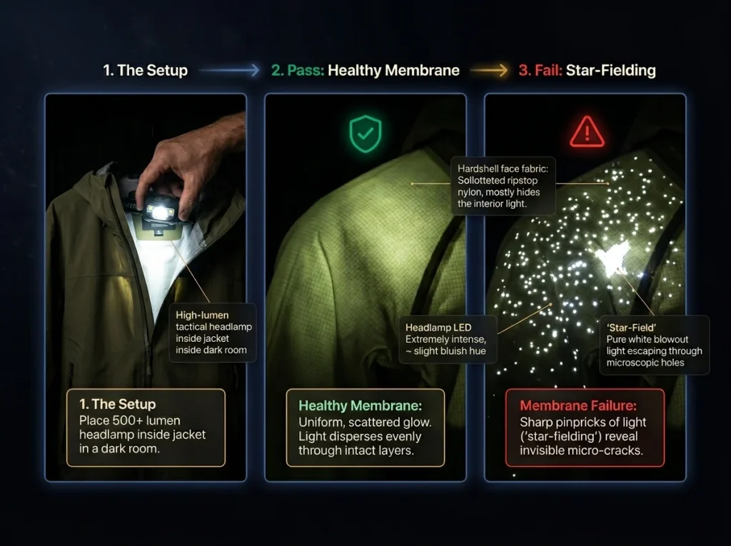 Photo sequence showing backlight scan test with headlamp revealing healthy jacket membrane versus cracked star-field failure
