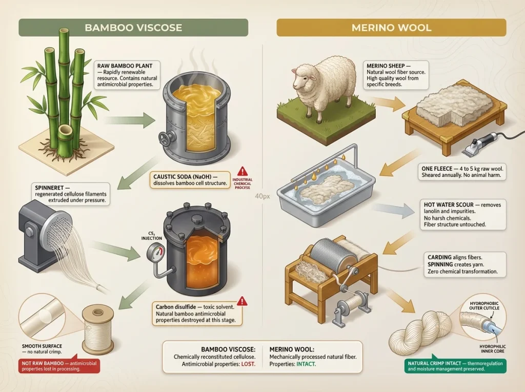 Infographic showing bamboo vs merino fiber processing steps with labeled chemical stages and final fiber structure comparison