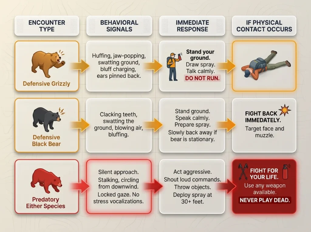 Matrix flowchart showing behavioral signals and immediate responses for defensive and predatory bear encounters