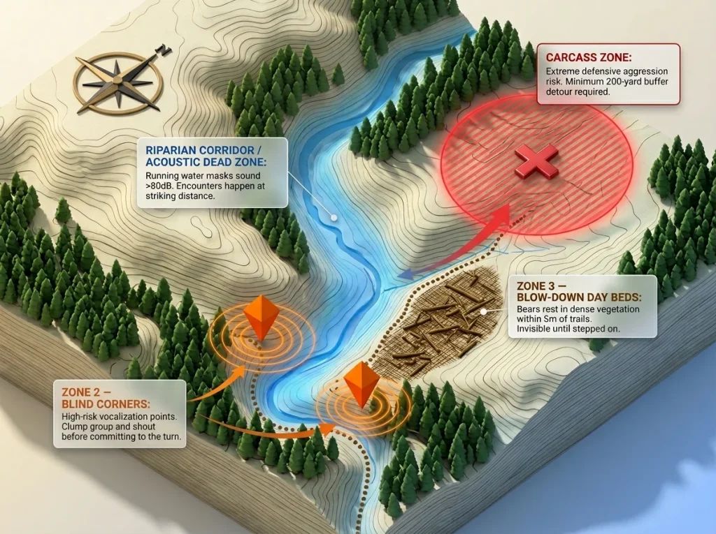 Topographic trail map illustrating riparian corridor bear risks, acoustic dead zones, blind corners, and carcass zones