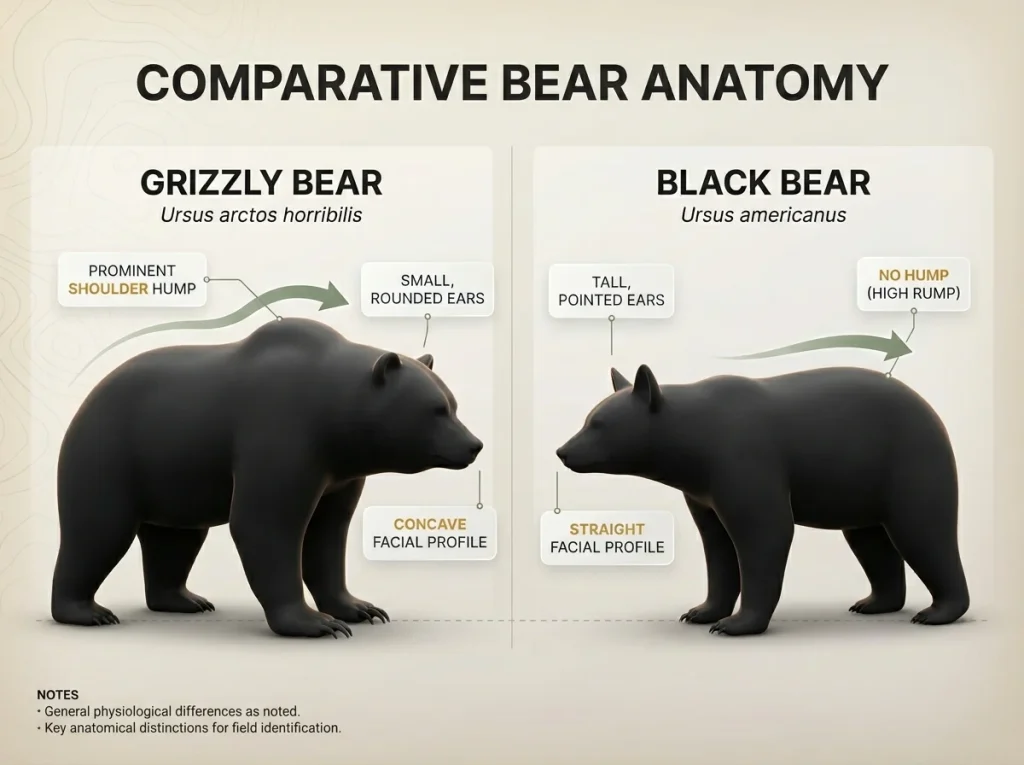 Infographic comparing grizzly and black bear silhouettes showing shoulder hump, facial profile, and ear shape differences