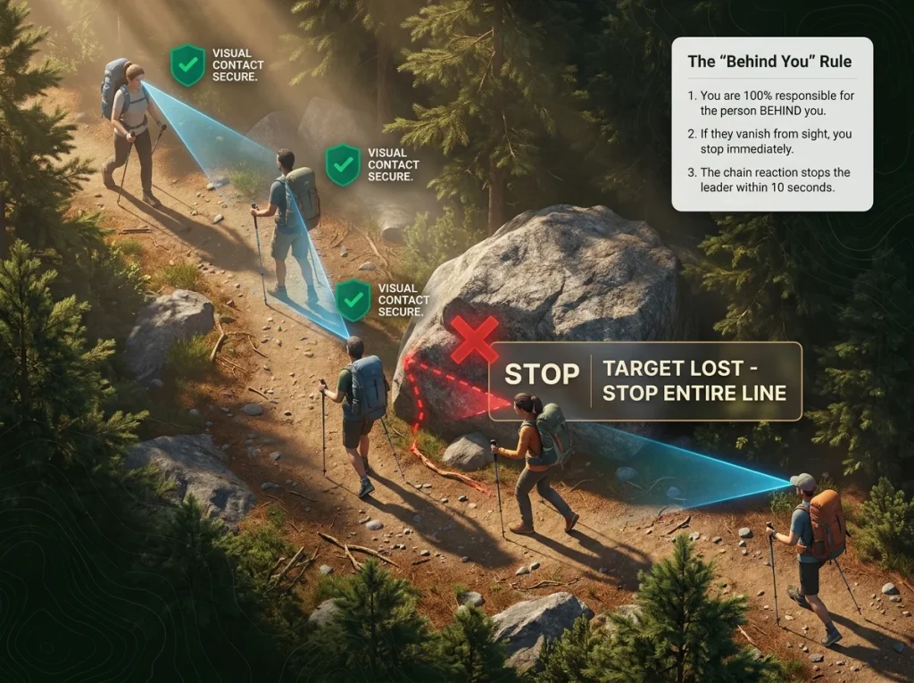 Top-down infographic of 5 hikers on a trail showing the line-of-sight responsibility chain with visual indicators