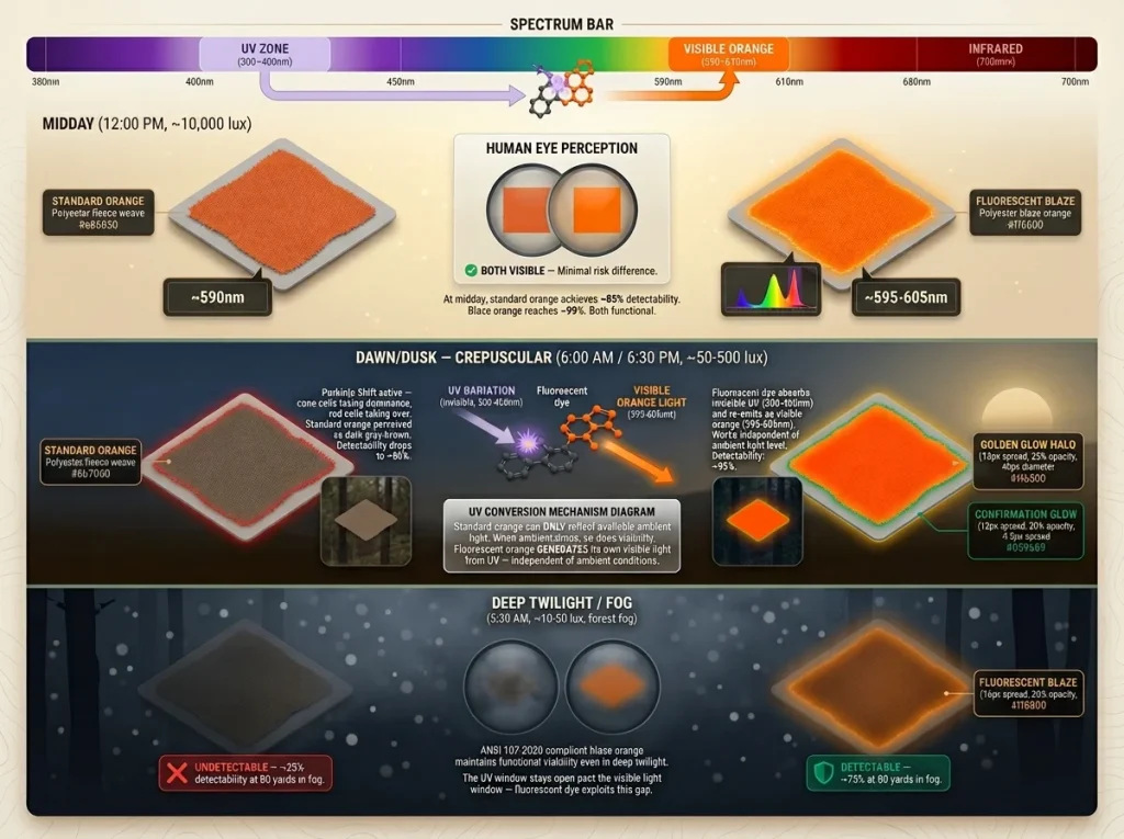 Infographic comparing standard orange and fluorescent blaze orange visibility at three light levels with UV conversion mechanism