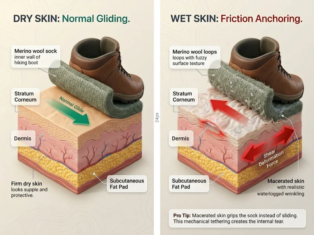 Infographic comparing dry versus wet skin friction with cross-sections showing shear vectors and blister formation inside foot layers