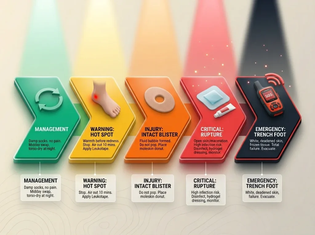 Infographic showing the 5 level blister severity scale from management to emergency evacuation