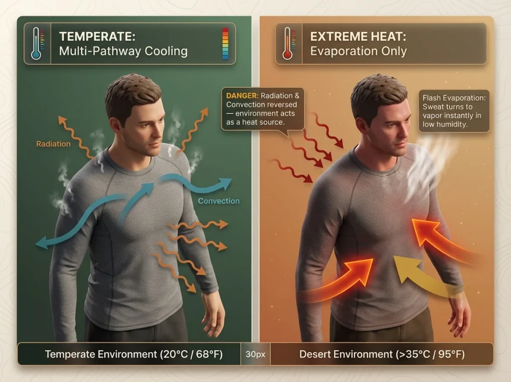 Infographic showing human body heat loss pathways comparing temperate and desert environments with directional radiation and convection arrows
