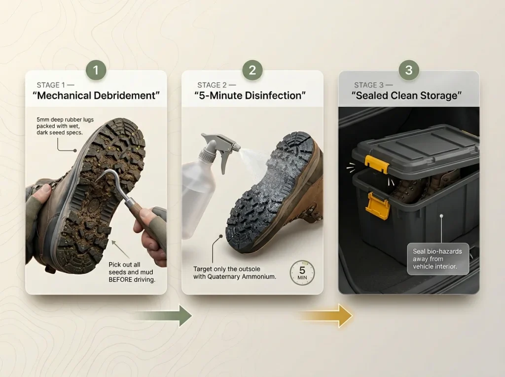 Infographic showing the 3-step boot decontamination protocol with mechanical brushing, Quat chemical spray, and sealed bin storage