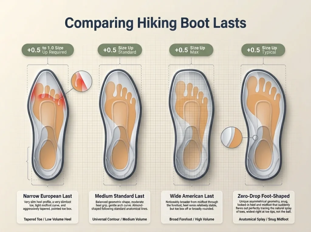 Infographic comparing four hiking boot last shapes from narrow to wide with volume zones and sizing recommendations