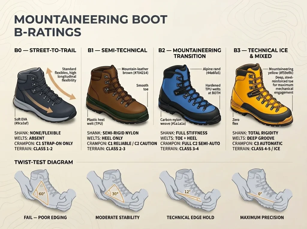 Horizontal comparison chart of B0 to B3 boot ratings showing shank rigidity, welts, crampon compatibility, and terrain