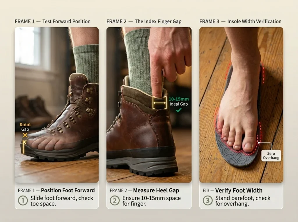 Infographic showing 3-frame photographic sequence of boot sizing using the index finger heel gap and insole stand test