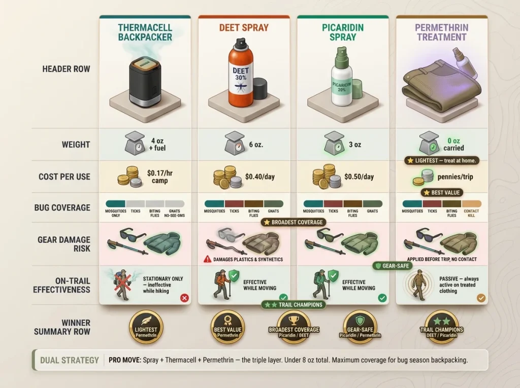 Infographic comparing Thermacell, DEET, Picaridin, and Permethrin across weight, cost, coverage, gear damage, and trail effectiveness