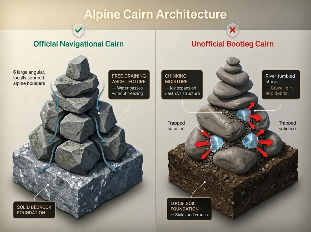 Infographic comparing official vs unofficial trail cairns with labeled bedrock foundations, drainage gaps, and freeze-thaw risks
