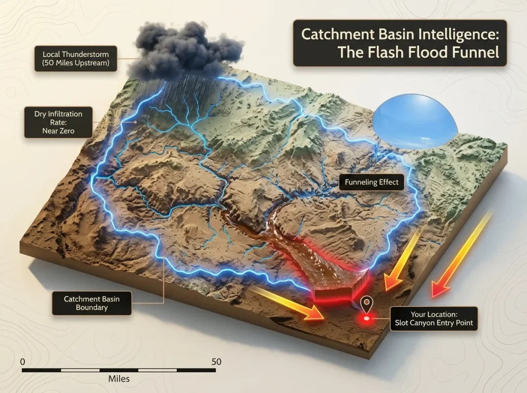 Infographic showing a topographic canyon catchment basin map with distant storm and flash flood path toward entry point