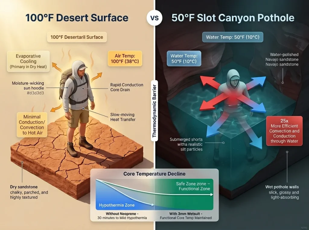 Infographic showing hiker heat loss comparison in hot desert air versus cold canyon water with core temperature timeline