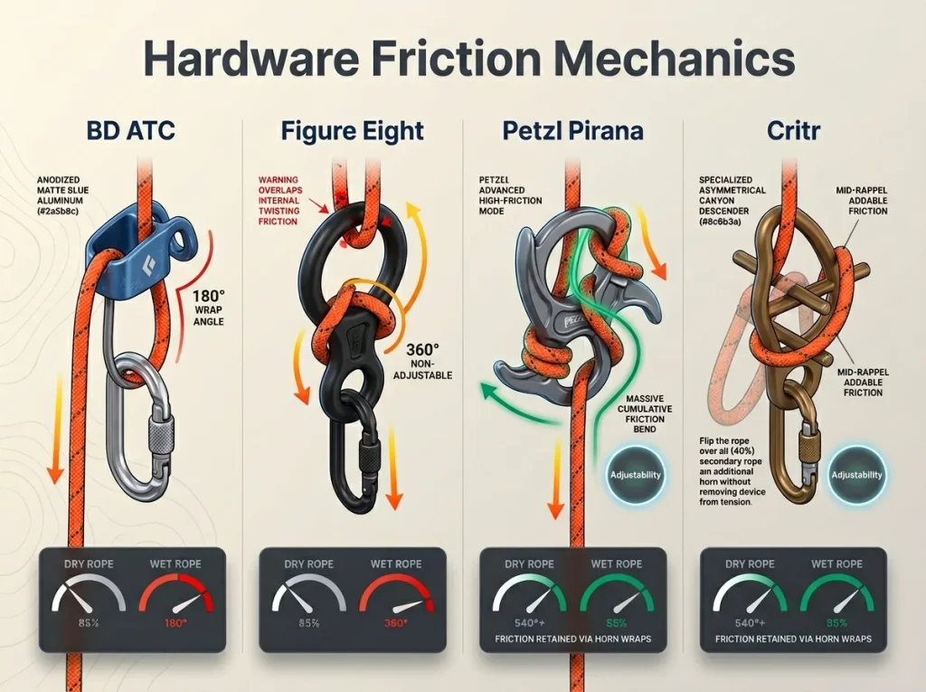 Infographic comparing four canyoneering descenders showing rope wrap angles and wet vs dry friction ratings