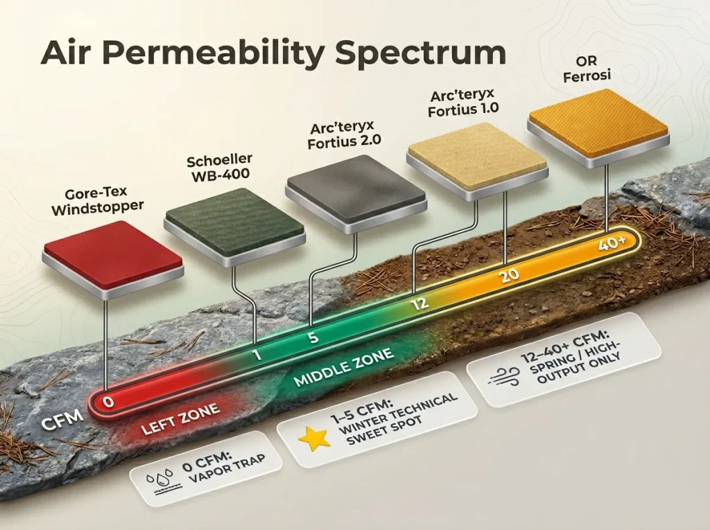 Infographic showing CFM air permeability spectrum comparing Gore-Tex, Schoeller WB-400, Fortius, and OR Ferrosi fabrics with performance zones