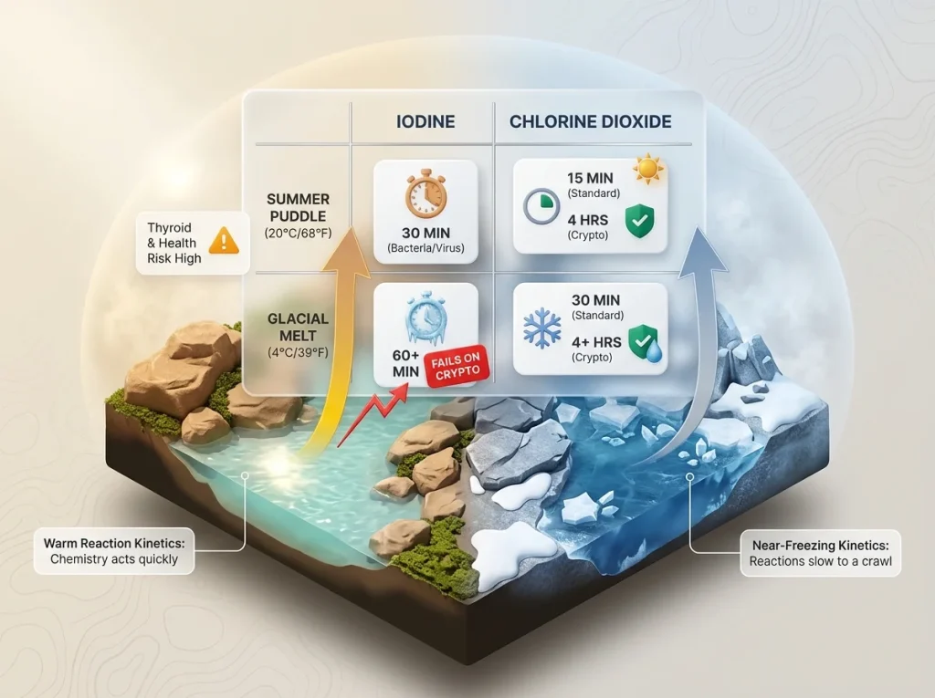 Infographic matrix comparing chlorine dioxide and iodine water treatment wait times in summer versus freezing temperatures
