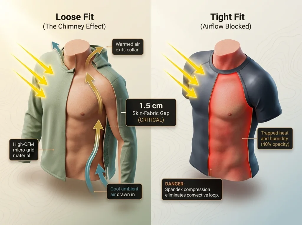 Infographic showing the chimney effect ventilation mechanism in a loose desert shirt compared to blocked airflow in a tight fit shirt