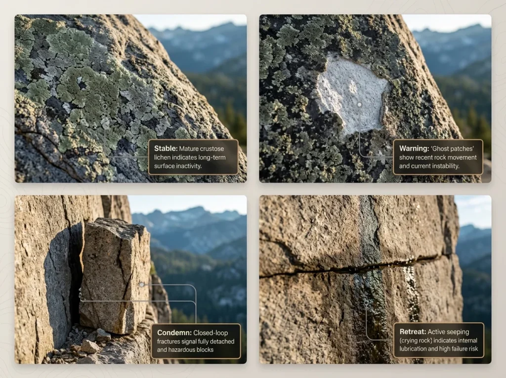 Photo sequence showing four stages of rock stability indicators from stable lichen to hazardous crying rock