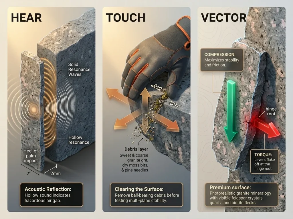 Infographic showing the 3-step HT-Protocol for testing rock stability with labeled Hear, Touch, and Vector panels