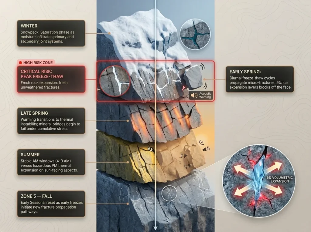 Vertical seasonal timeline showing rock stabilitiy risks from winter snowpack to summer thermal expansion hazards