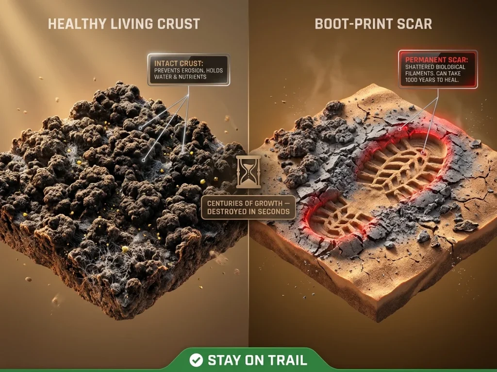 Comparison between healthy living cryptobiotic soil crust and a permanent boot-print scar in a desert ecosystem.