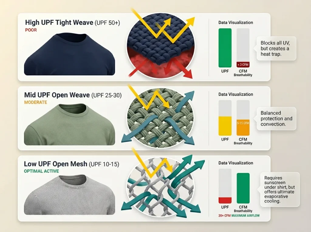 Infographic comparing three desert fabric weaves with labeled UPF ratings, CFM breathability bars, and microscopic cooling mechanisms