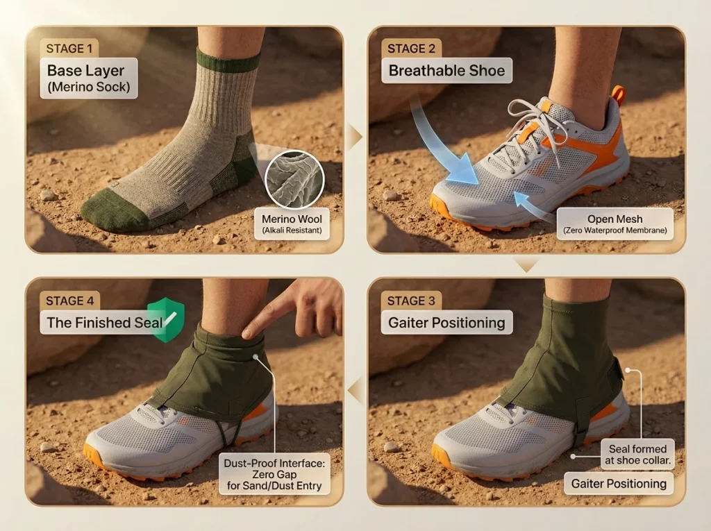 Step-by-step photographic sequence showing desert trail runner and gaiter assembly with Merino sock and proper alkali dust sealing technique