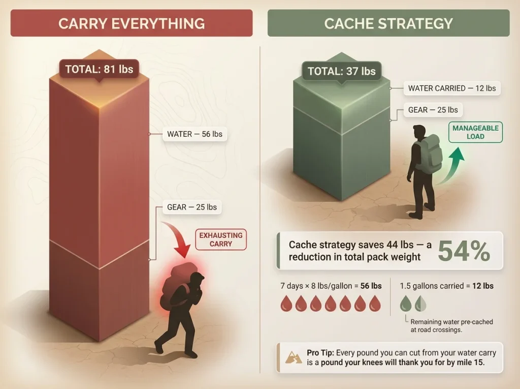 Infographic comparing carry-all vs cache strategy pack weights with bar chart, silhouette figures, and labeled load breakdown
