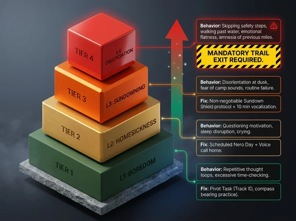 Infographic showing the four-tier vertical risk matrix for thru-hiker disassociation with behavioral markers and interventions