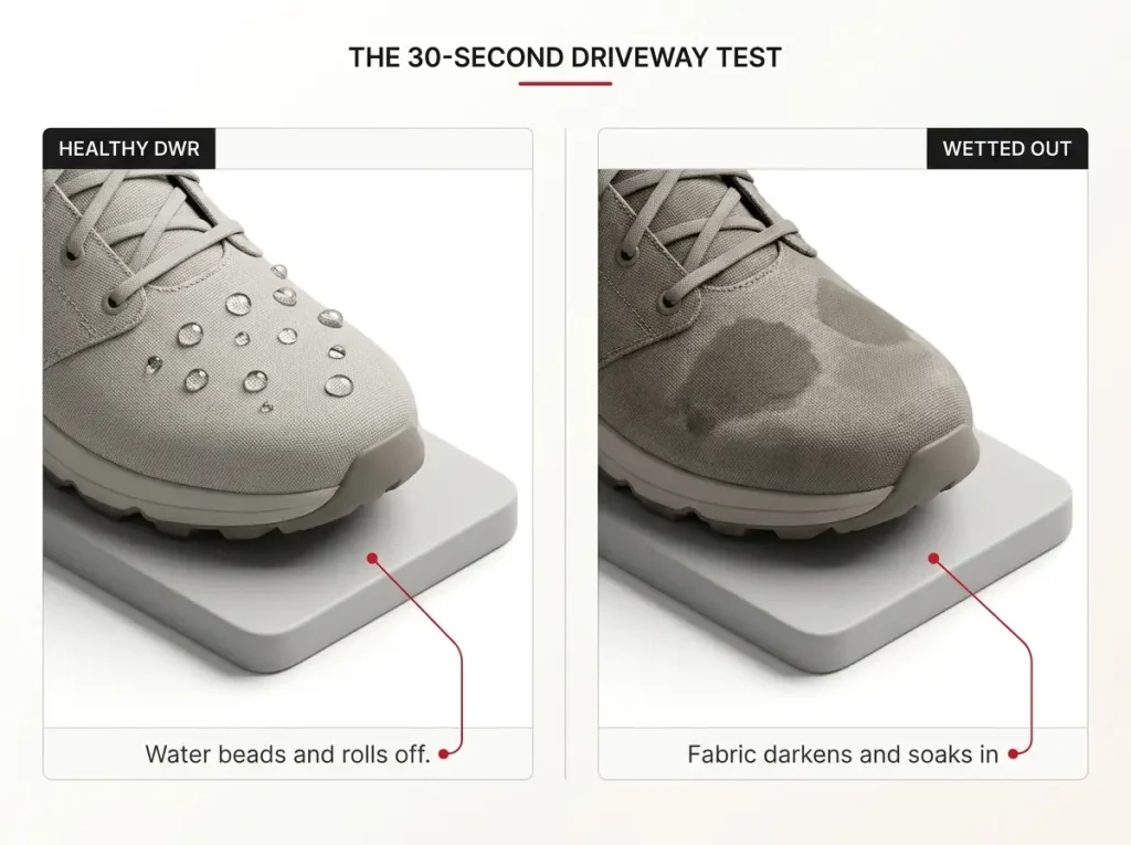 Infographic comparing healthy DWR beading versus a wetted-out hiking shoe with labeled visual tells for each state