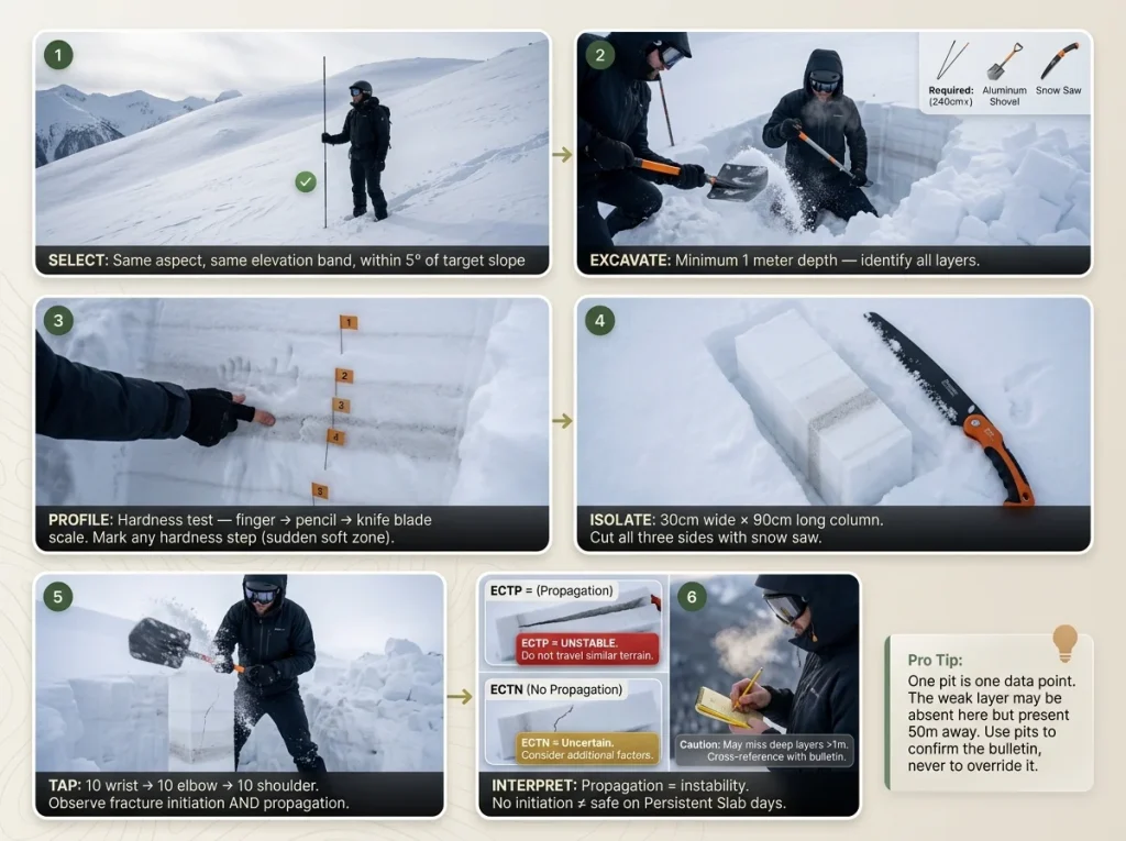Photo sequence showing 6 steps of Extended Column Test protocol with labeled techniques and results