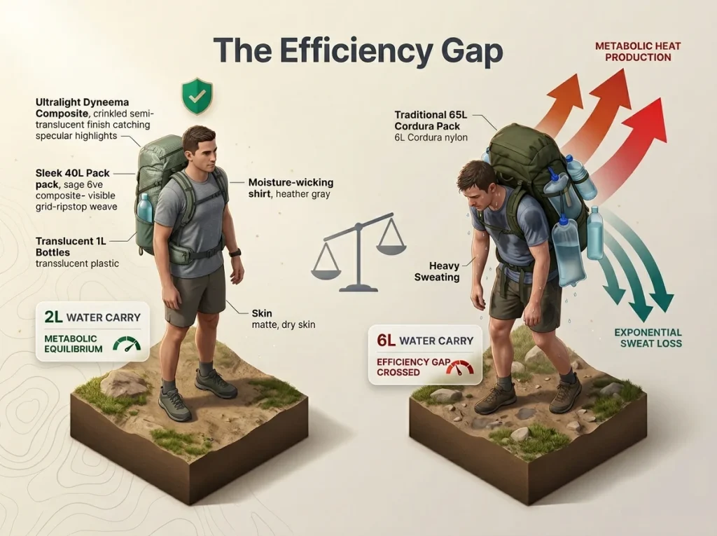 Infographic showing the efficiency gap with a balanced hiker carrying 2L versus an overloaded hiker hauling 6L and sweat rate arrows
