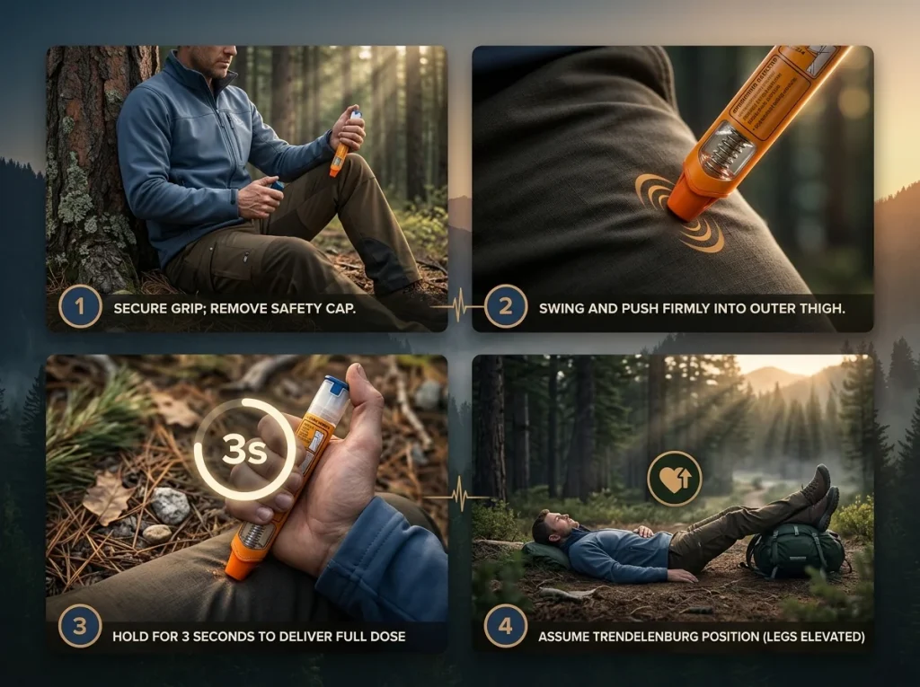 Photo sequence infographic showing 4 steps for epinephrine injection and Trendelenburg recovery position on the trail.